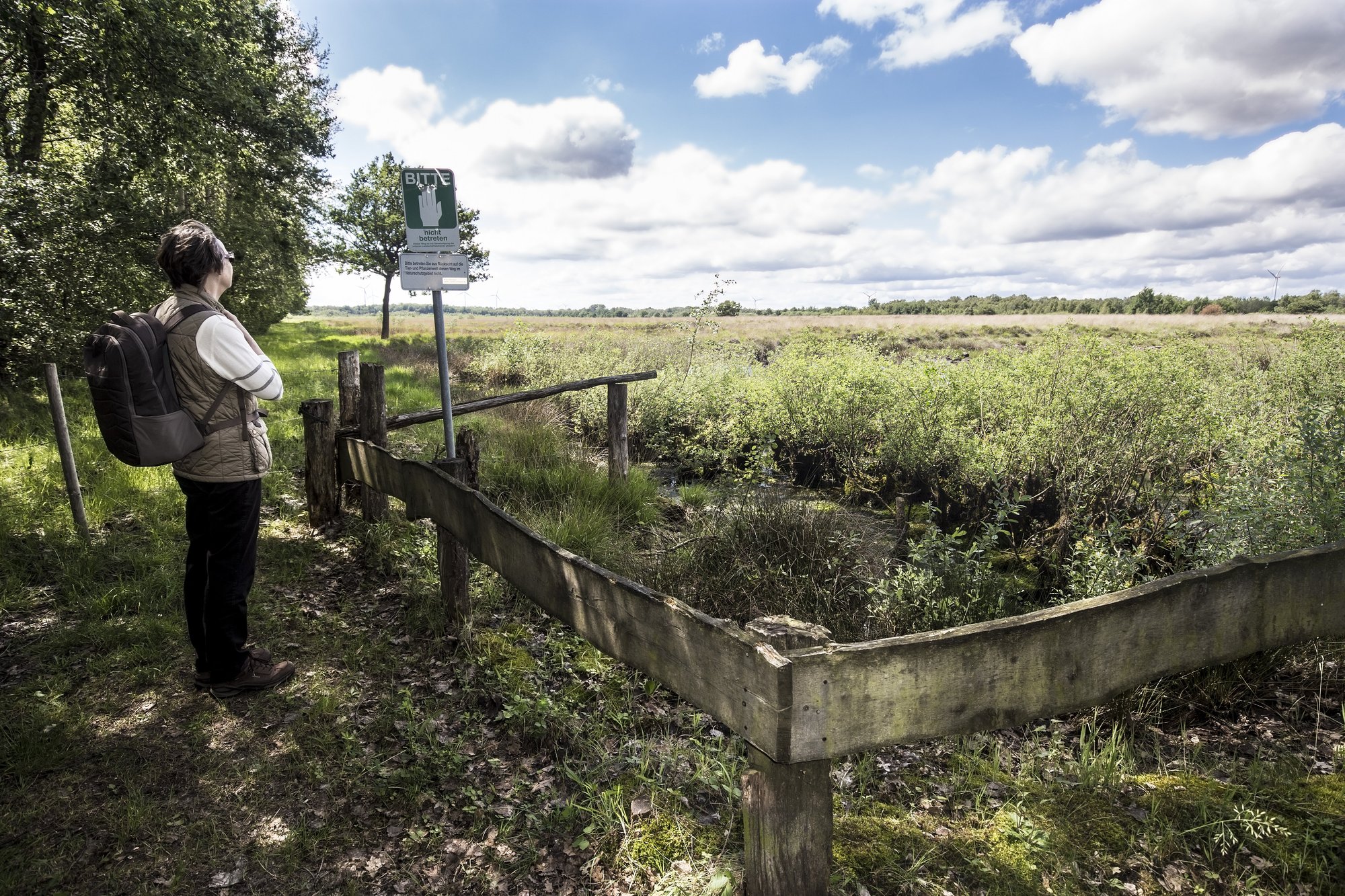 Eine Frau blickt in die Landschaft des Naturschutzgebiets Flöddert