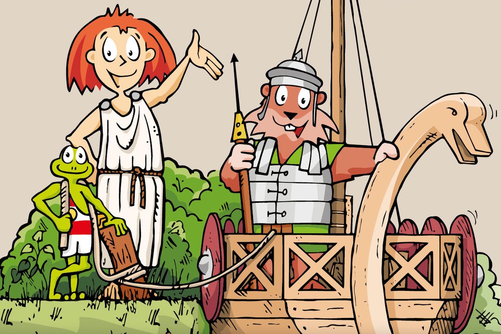 Illustration mit Eichhörnchen Nicki Nuss und Römerin