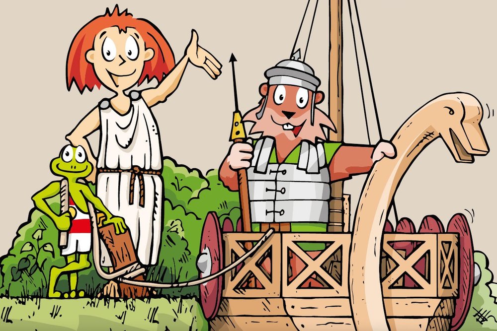 Illustration mit Eichhörnchen Nicki Nuss und Römerin