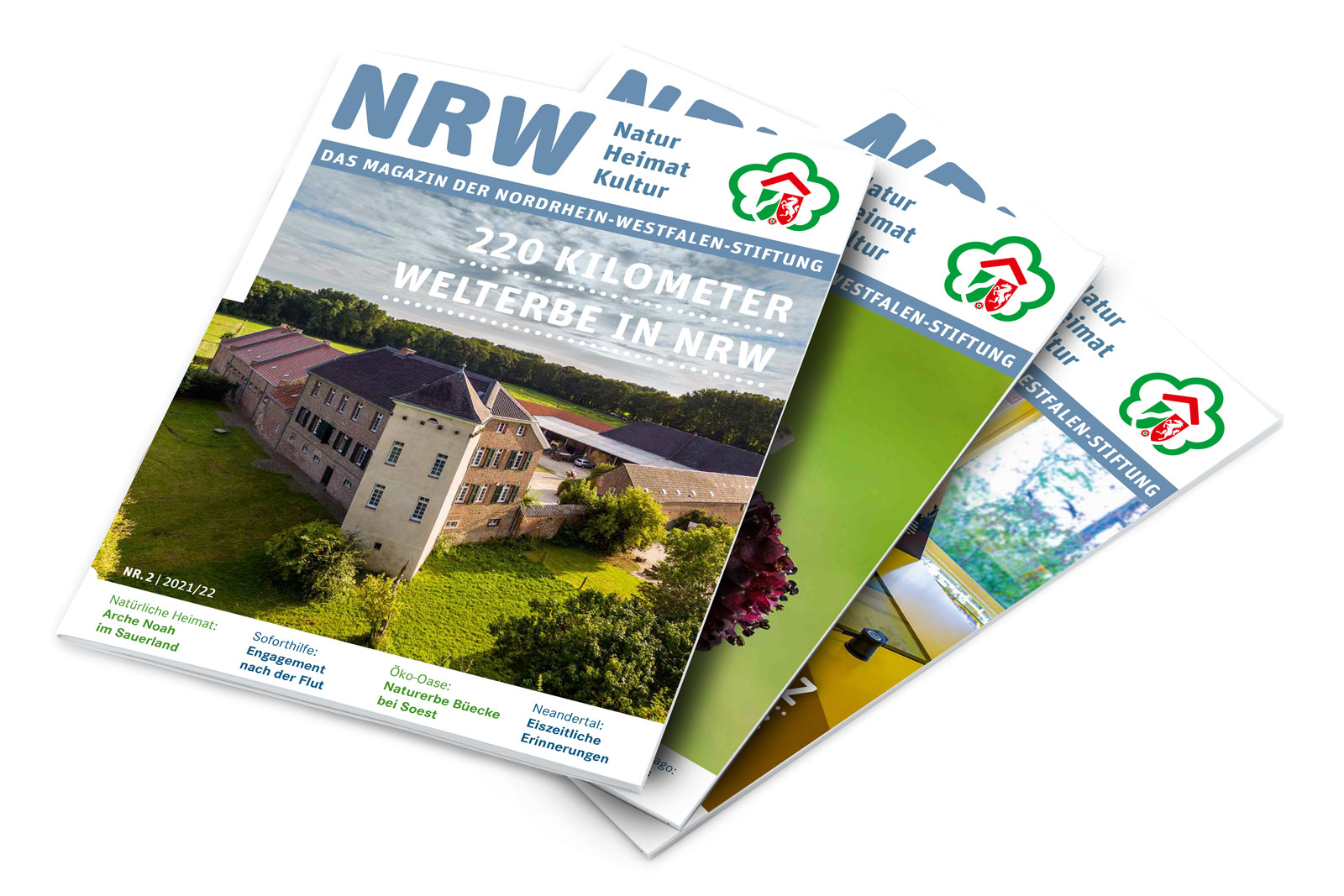 Stapel mit Stiftungsmagazinen der NRW-Stiftung